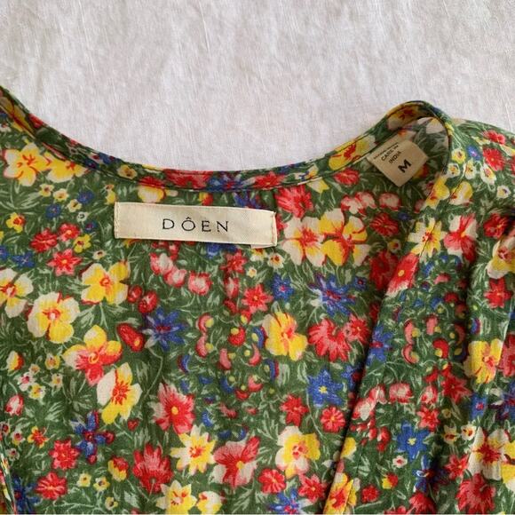 Doen Emilia Cotton V Neck Tie Short Puff Sleeve Mini Dress Green Valley Floral - Picture 12 of 16